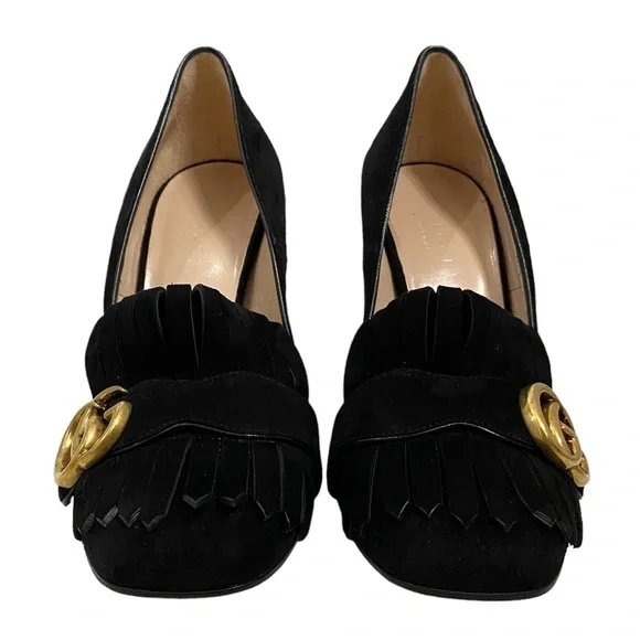 Gucci GG Marmont Fringe Suede Platform Heeled Pumps - Picture 3 of 7